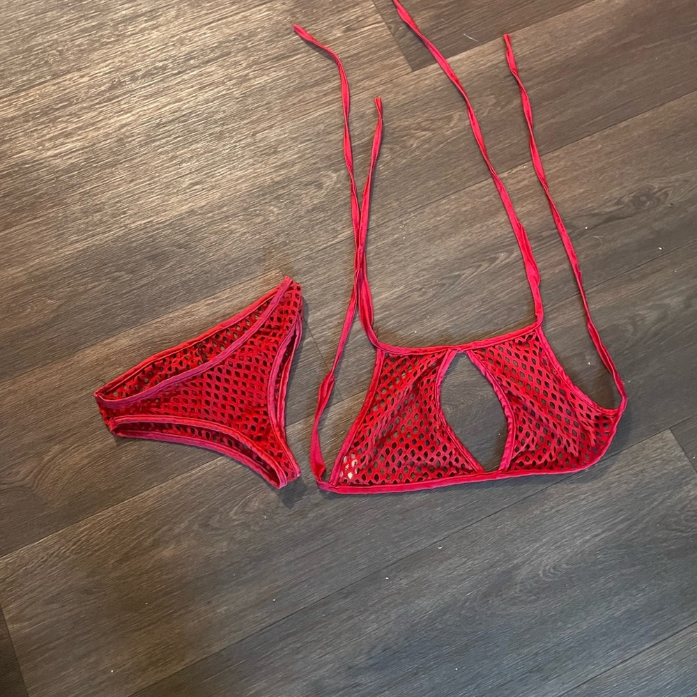 Bold Red Fishnet Bikini Set